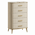 Cómoda 80 x 45 x 120 cm beige con 5 cajones tapizados y detalles dorados estilo contemporáneo