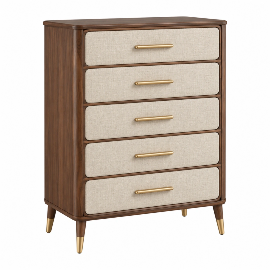 Cómoda 80 x 40 x 120 cm de madera marrón con cajones tapizados beige estilo retro
