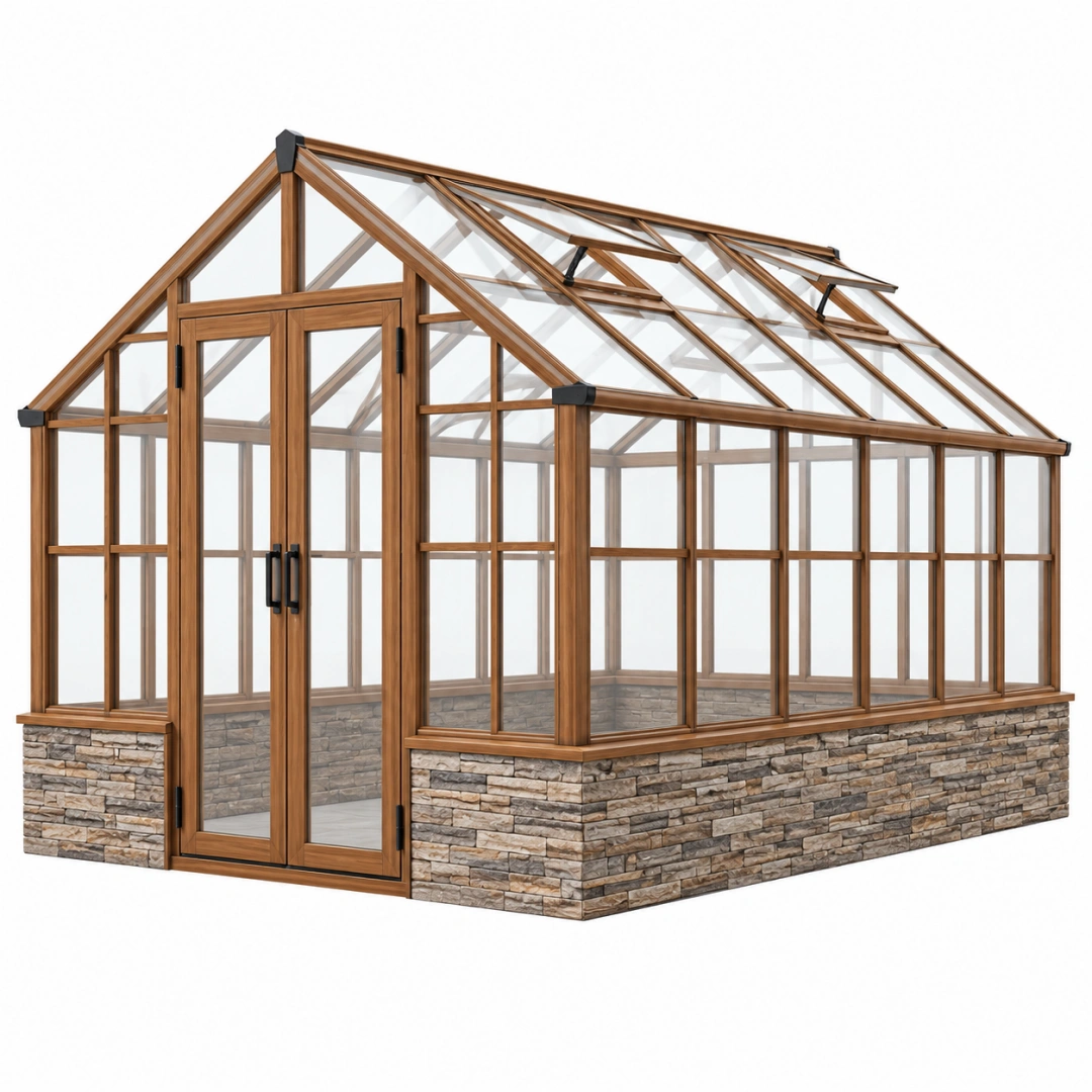 Invernadero 400 x 250 x 250 cm de madera y vidrio marrón para jardín con techo ventilado