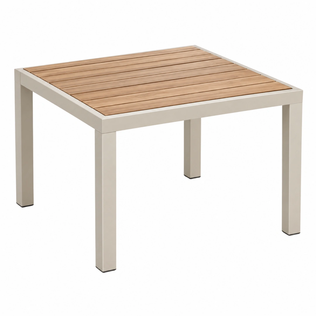 Mesa de jardín cuadrada 90 x 90 cm de aluminio y madera beige blanca con tablero de lamas