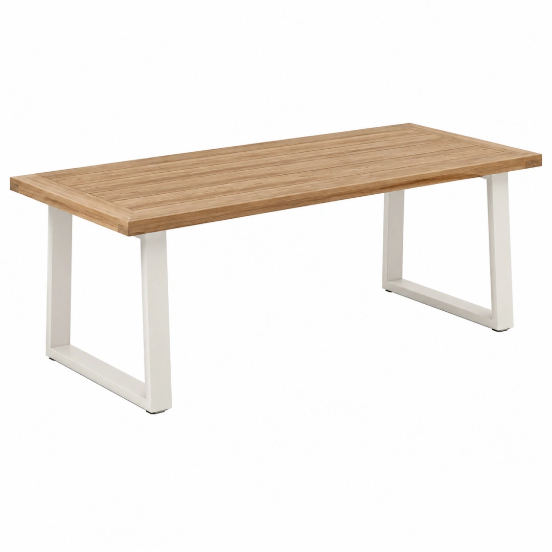 Mesa de comedor exterior 200 x 100 x 75 cm de madera natural y metal blanco estilo contemporáneo