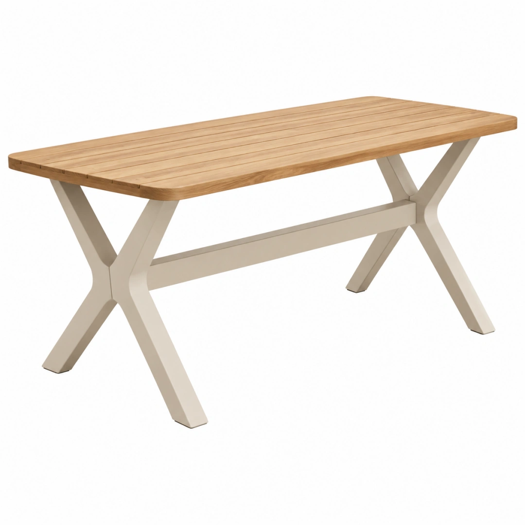 Mesa de jardín 180 x 90 x 75 cm de madera y metal blanco con diseño de patas en X