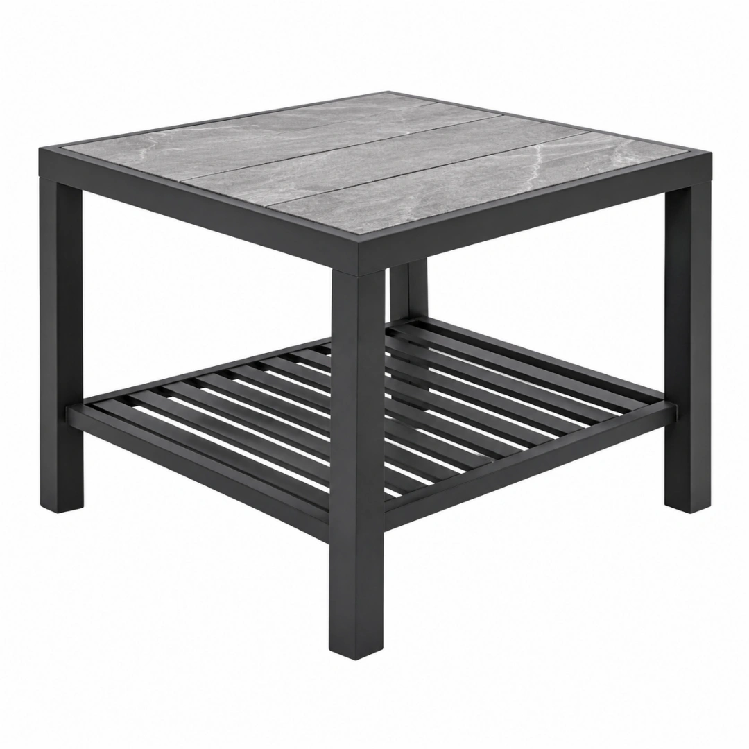 Mesa auxiliar de exterior 60 x 60 x 55 cm de metal negro y cerámica gris con estante inferior