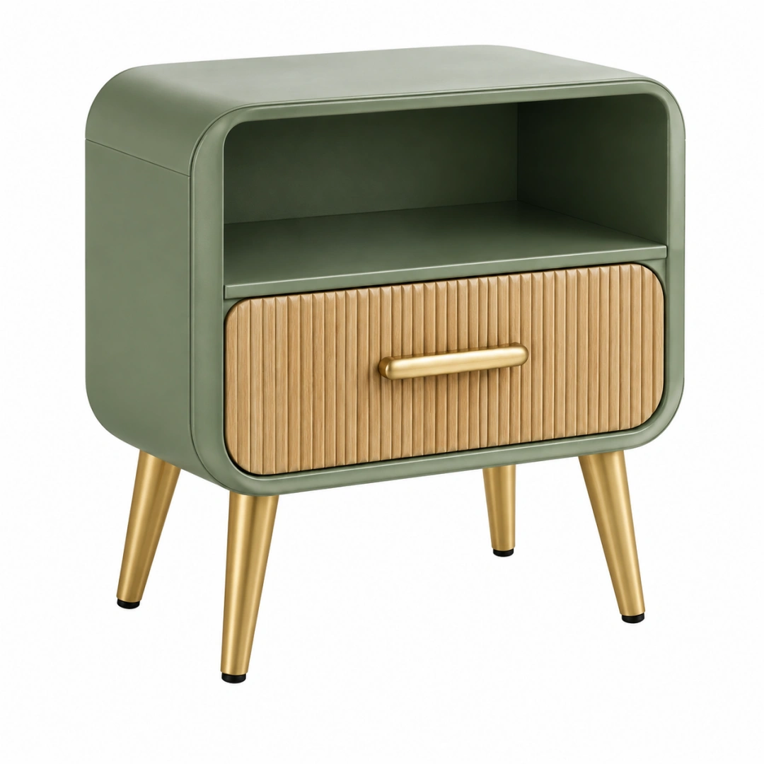 Mesita de noche 45 cm verde y madera con cajón y estante