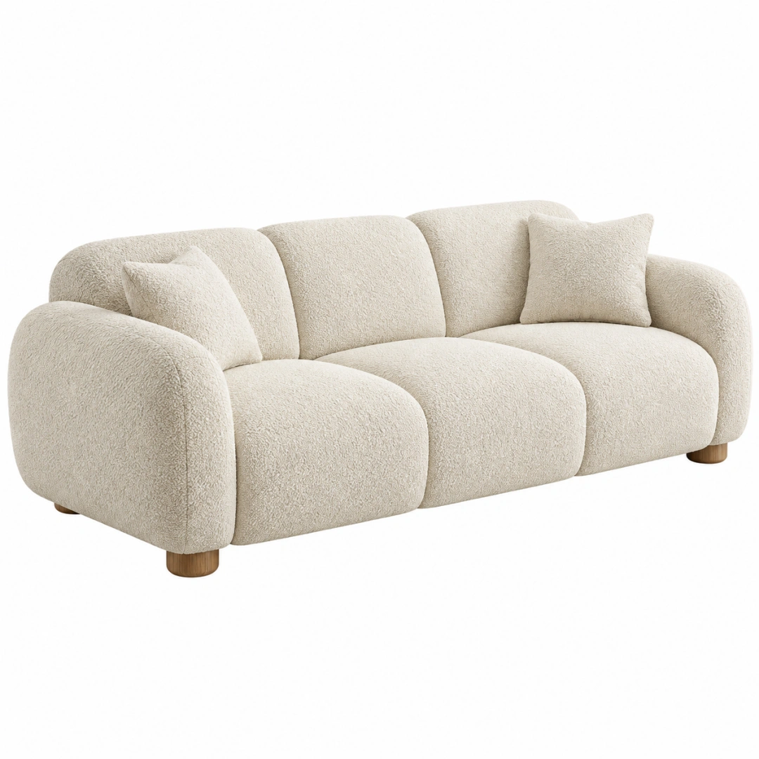 Sofá de 3 plazas 230 x 98 x 78 cm en tejido bouclé beige con diseño curvo