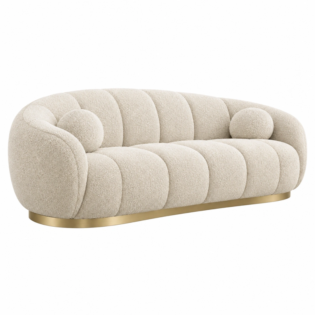 Sofá de 3 plazas 220 x 95 x 78 cm en bouclé beige con base metálica dorada estilo curvo