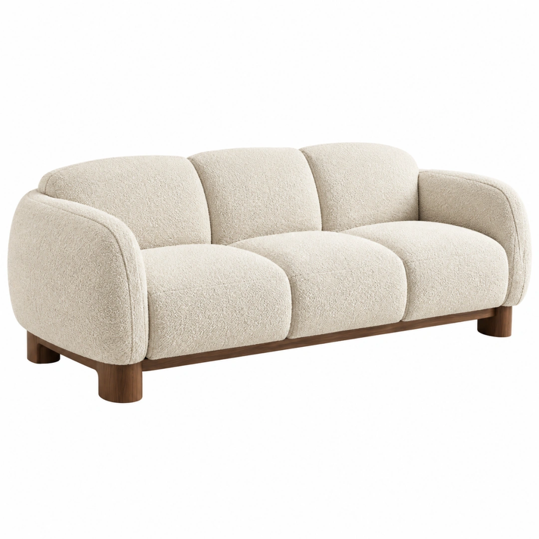 Sofá tres plazas 220 cm 95 cm 78 cm tapizado bouclé beige con patas de madera estilo curvo
