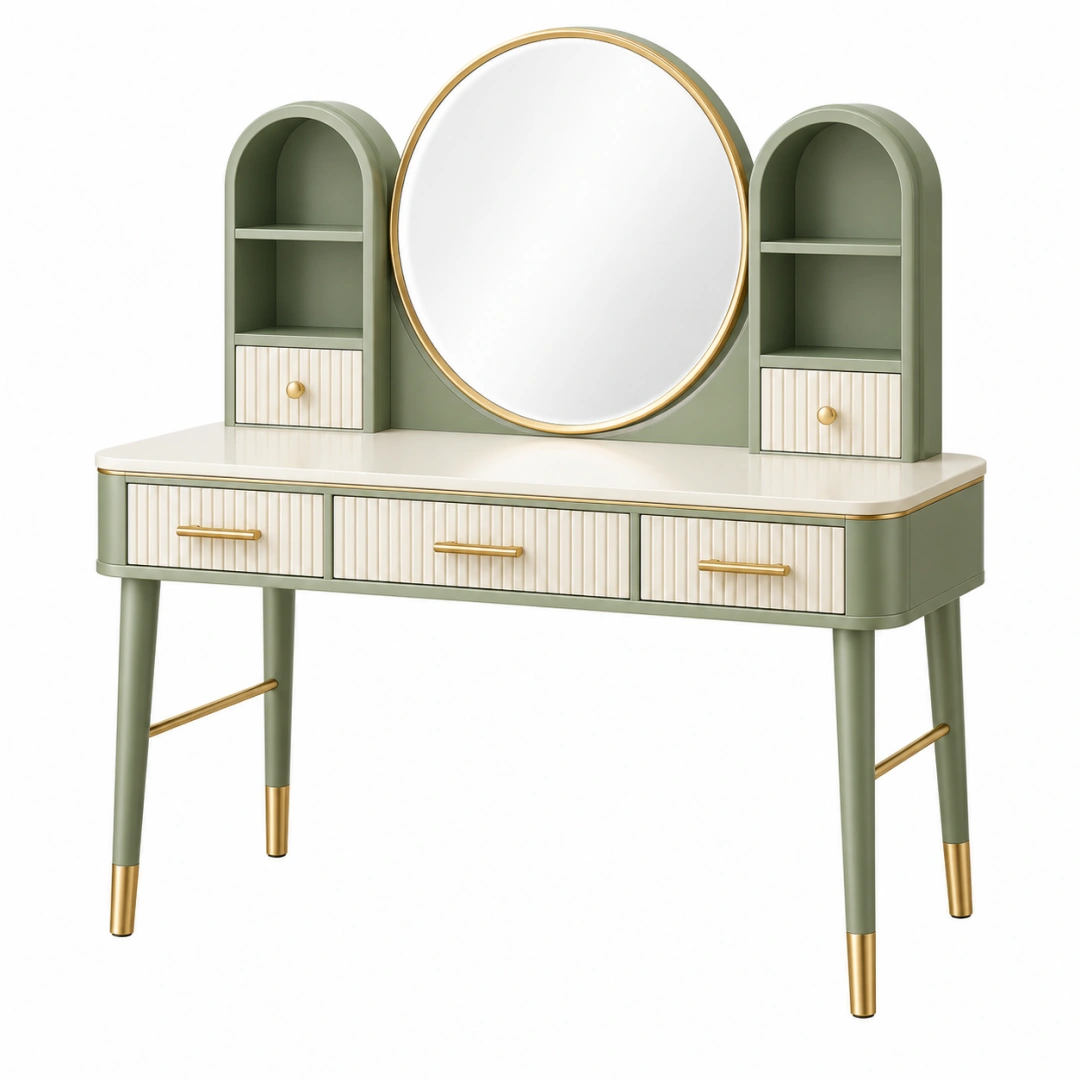 Tocador 100 x 45 x 150 cm de MDF verde salvia y blanco con espejo y almacenaje estilo moderno