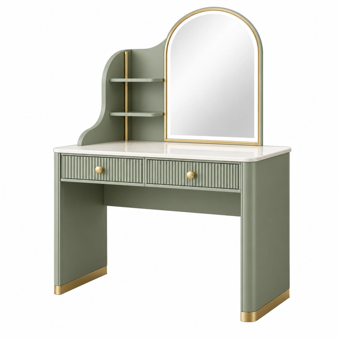 Tocador 100 x 45 x 145 cm de madera verde salvia con espejo y cajones