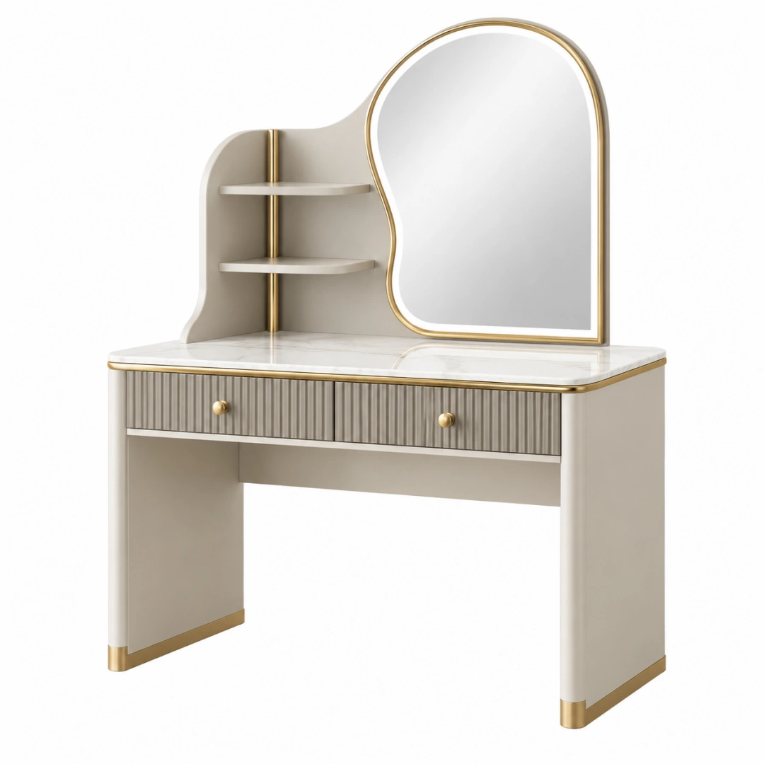 Tocador 100 x 45 x 145 cm de madera blanco y dorado con espejo y cajones