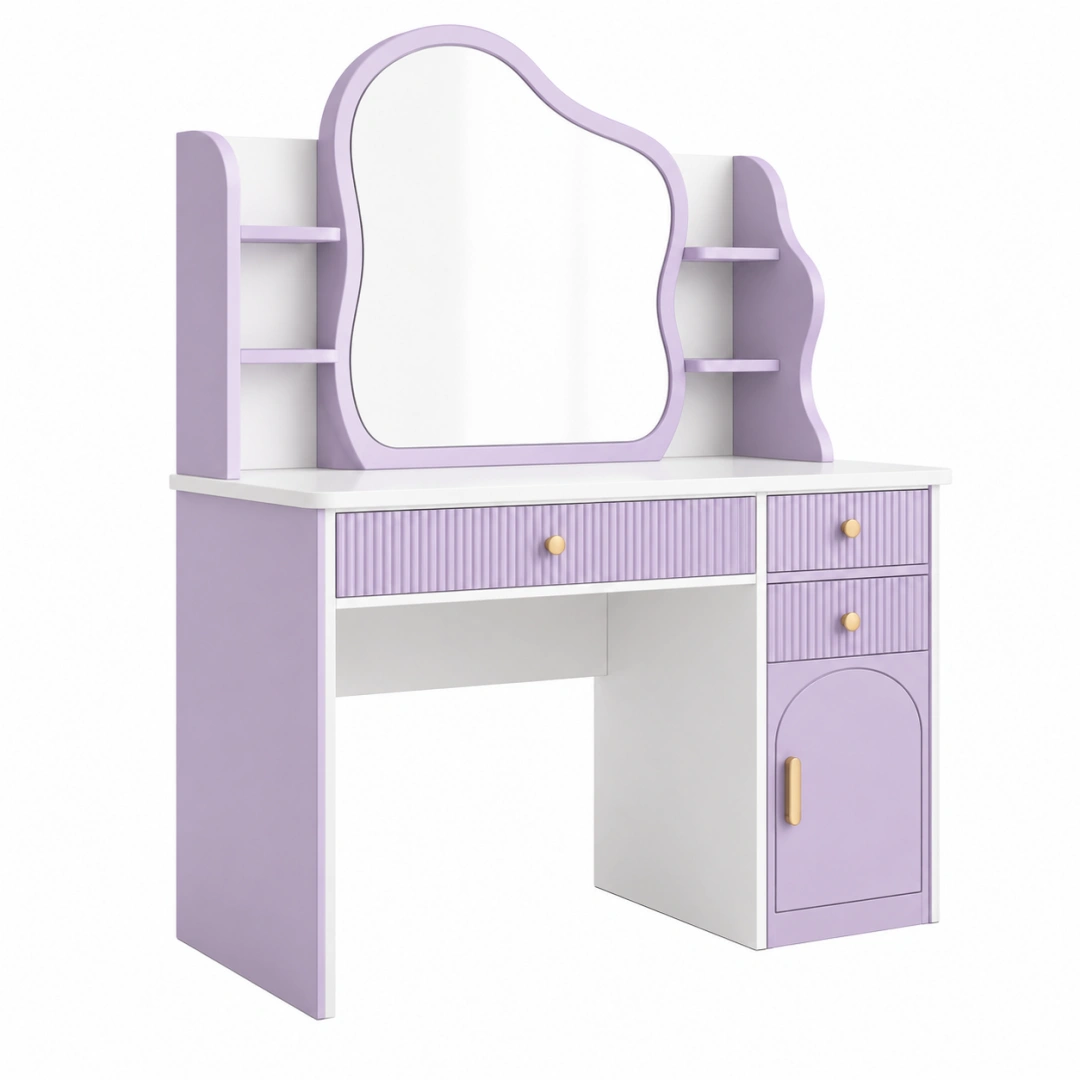 Tocador 100 x 50 x 150 cm de tablero MDF blanco y lila con espejo cajones estilo moderno