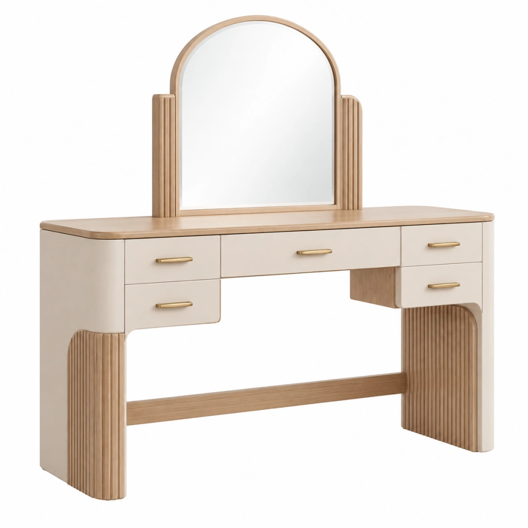Tocador 120 x 50 x 150 cm de madera beige y natural con espejo y 5 cajones