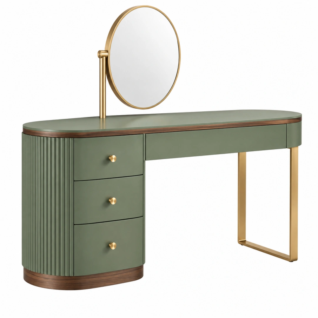 Tocador 120 x 45 x 145 cm de madera verde con espejo y detalles metálicos dorados estilo moderno